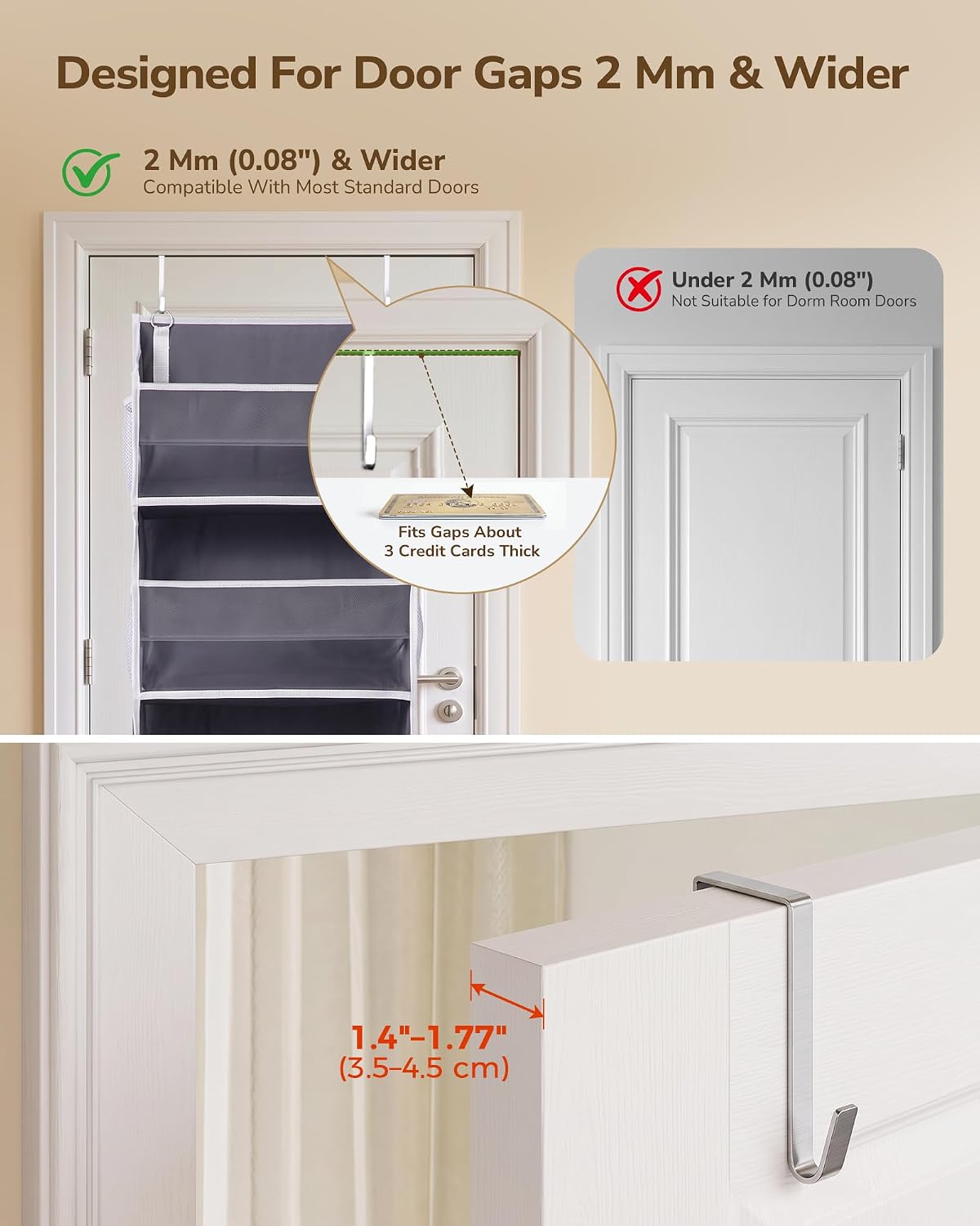 ULG 1 Pack Over Door Organizer with 5 Large and 10 Mesh Side Pockets, 44 lbs Weight Capacity Hanging Storage with Clear Window Kids Toys, Shoes, Diapers, Dark Grey, 5 Layers