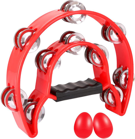 EastRock Double Row Tambourine Red Hand Held Percussion Half Moon for adult
