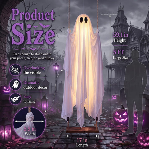 Outdoor Halloween Decorations, 5FT Swinging Ghost Outdoor Decor with Light