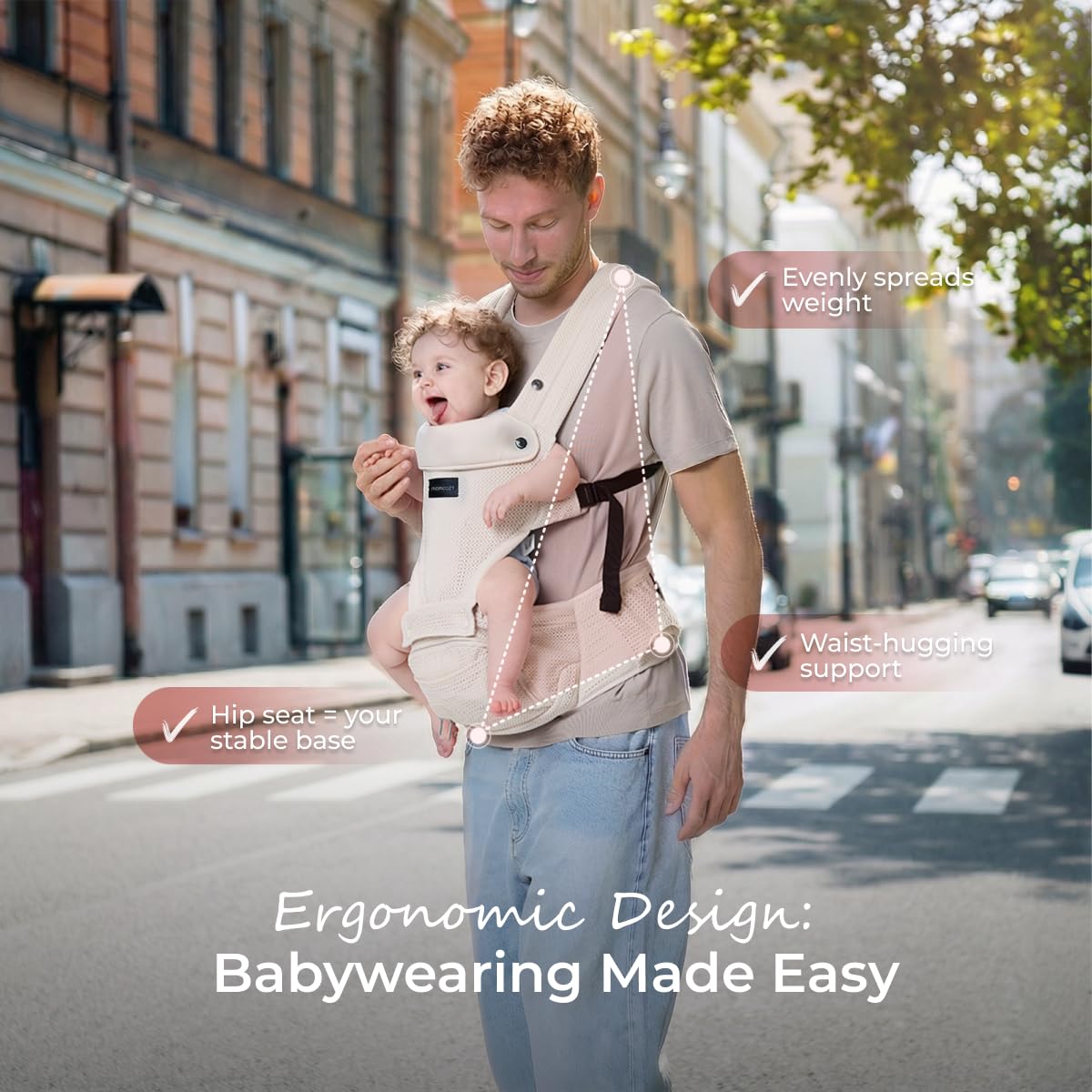 Momcozy Baby Carrier with Hip Seat, 2-in-1 Forward-Facing Carry for Active Babies, Detachable Hands-Free Carrier up to 44lbs, Breathable Infant Carrier Fits Waist Sizes up to 45 Inches, AirMesh Almond