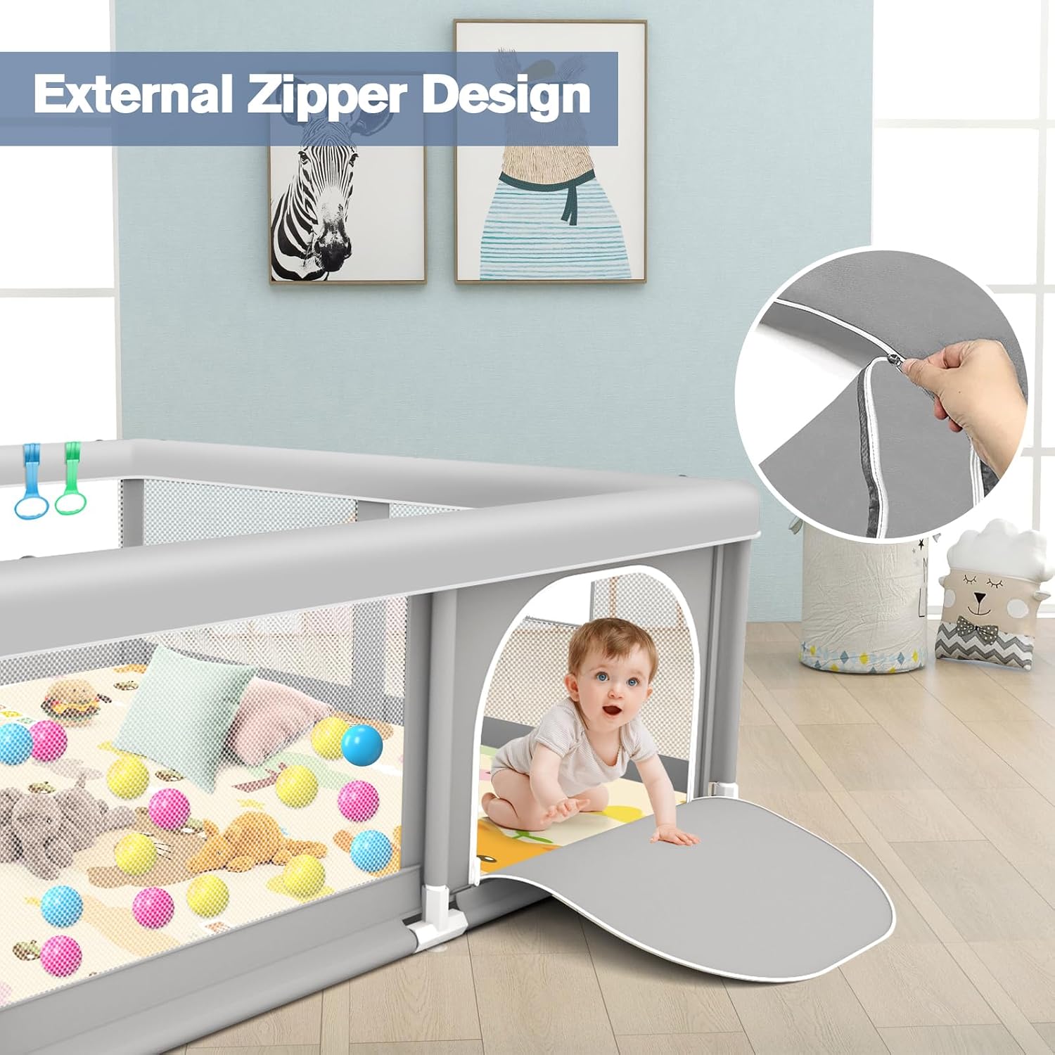 Baby Playpen with Mat, 50 x 50 inch, PlayPen for Babies and Toddlers, Sturdy Safety Play Pen with Soft Breathable Mesh (Ball and Pull Rings Included)