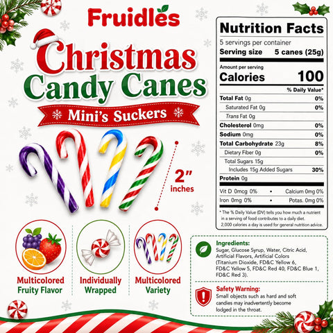Fruidles 200-Pack Christmas Candy Canes Mini's Suckers, Multicolored Fruity Flavor, Individually Wrapped, 2" Inches