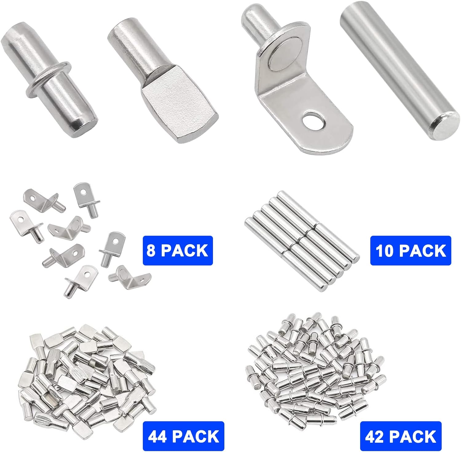 104Pcs Shelf Pins Kit,4 Styles Nickel Plated Shelf Support Pegs,Bookshelf Pegs for Shelves,Cabinet Shelf Bracket Pegs Shelf Pins Holders for Kitchen Furniture & Closet ( 5mm & 1/4inch )