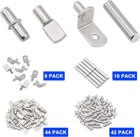 104Pcs Shelf Pins Kit,4 Styles Nickel Plated Shelf Support Pegs,Bookshelf Pegs for Shelves,Cabinet Shelf Bracket Pegs Shelf Pins Holders for Kitchen Furniture & Closet ( 5mm & 1/4inch )