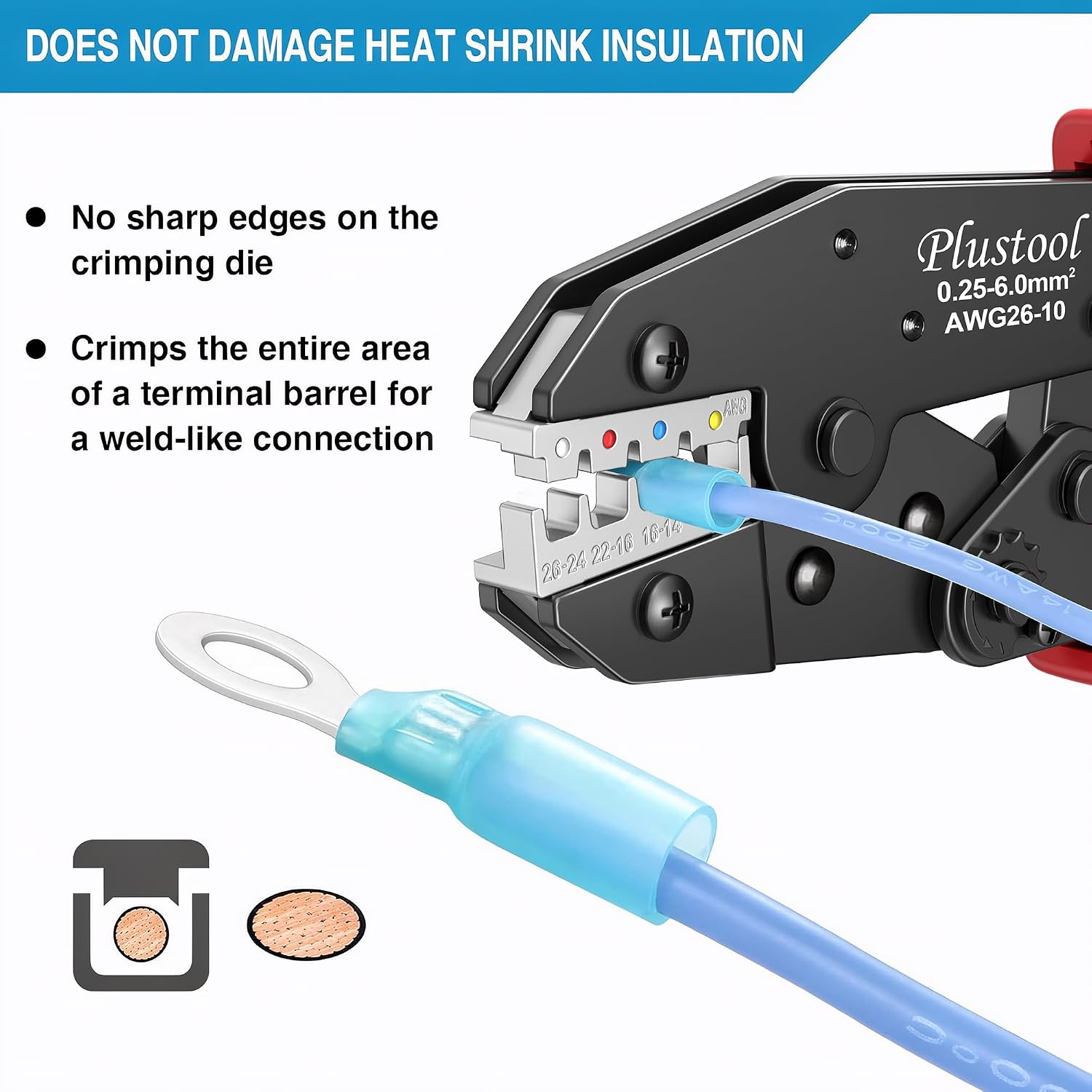 Plustool Crimping Tool for Heat Shrink Connectors AWG26-10, Ratcheting Wire Terminal Crimper - Crimping Pliers - Electrical Crimping Tool