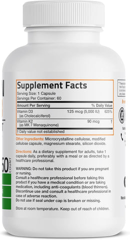 Bronson Vitamin K2 D3 (MK7) Supplement 2-in1 D3 & K2 Complex, 60 Capsules