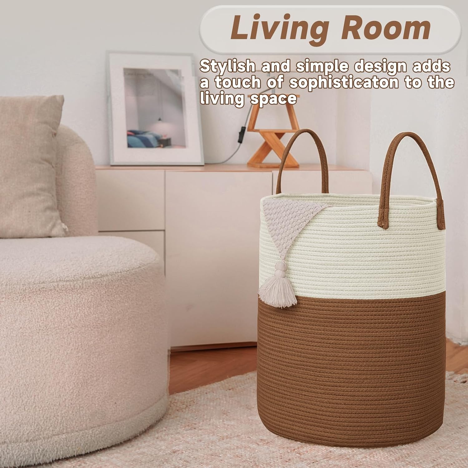 JMvicyroam 100L Cotton Rope Laundry Basket Hamper, White and Brown