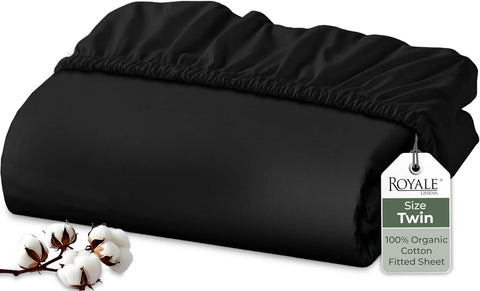 Royale Linens 100% Organic Cotton Fitted Sheet - Percale Weave - Super Soft Deep Pocket Bottom Sheets - Black Elastic Sheet Twin Size - Twin Fitted Sheets Only - (39"x75"+15", Black)
