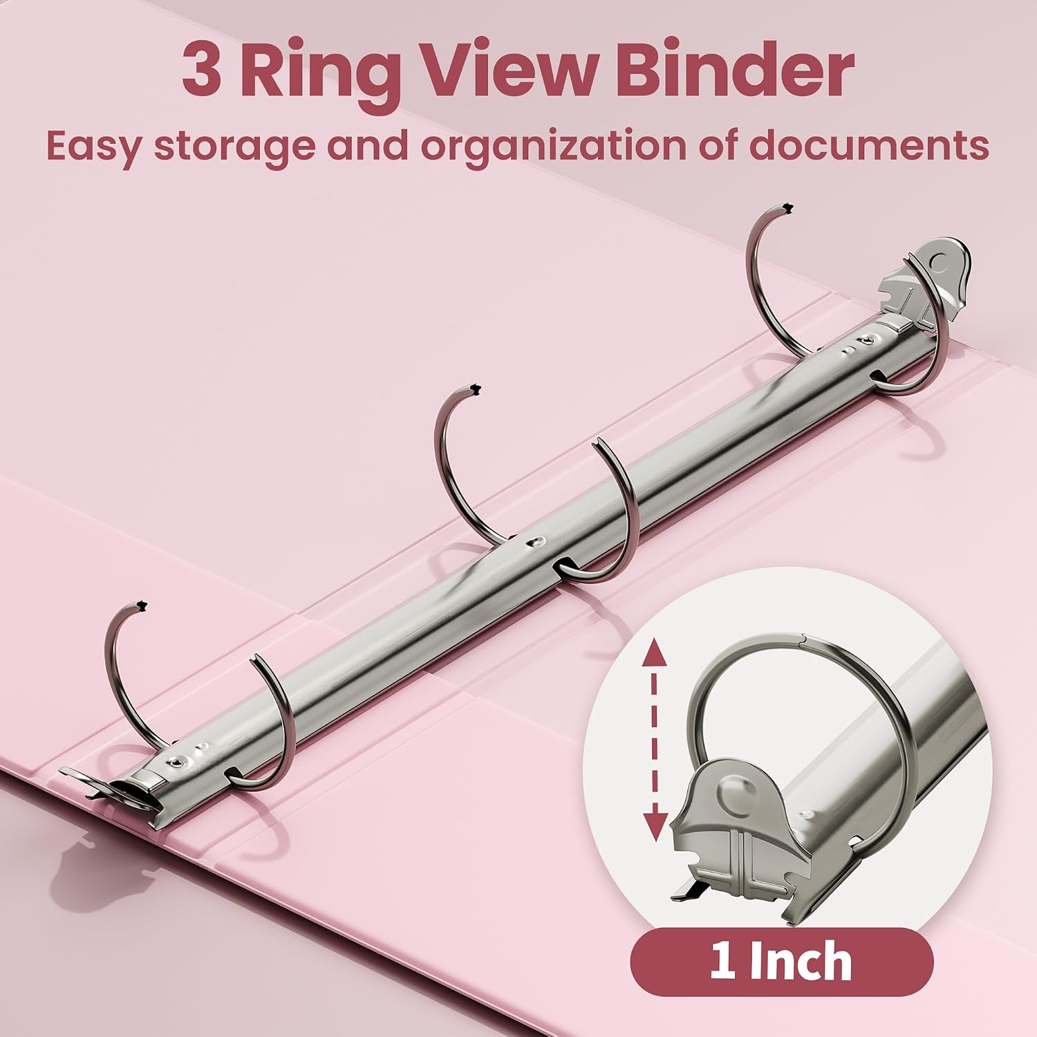SUNEE 3 Ring Binder 1 Inch Pink 1 Pack, Holds 175 Sheets of Letter Paper, Clear View 1" Three Ring PVC-Free (Fit 8.5x11 Inches) for School or Office Supplies