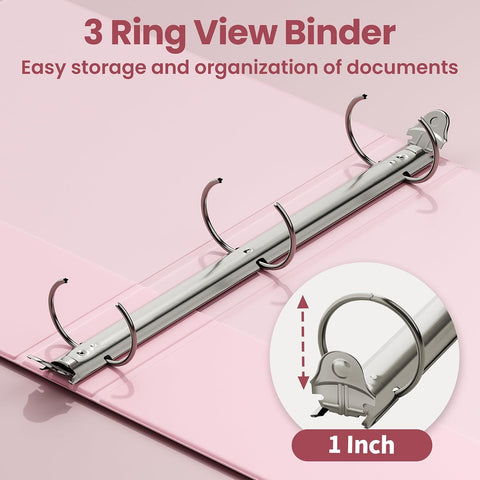 SUNEE 3 Ring Binder 1 Inch Pink 1 Pack, Holds 175 Sheets of Letter Paper, Clear View 1" Three Ring PVC-Free (Fit 8.5x11 Inches) for School or Office Supplies