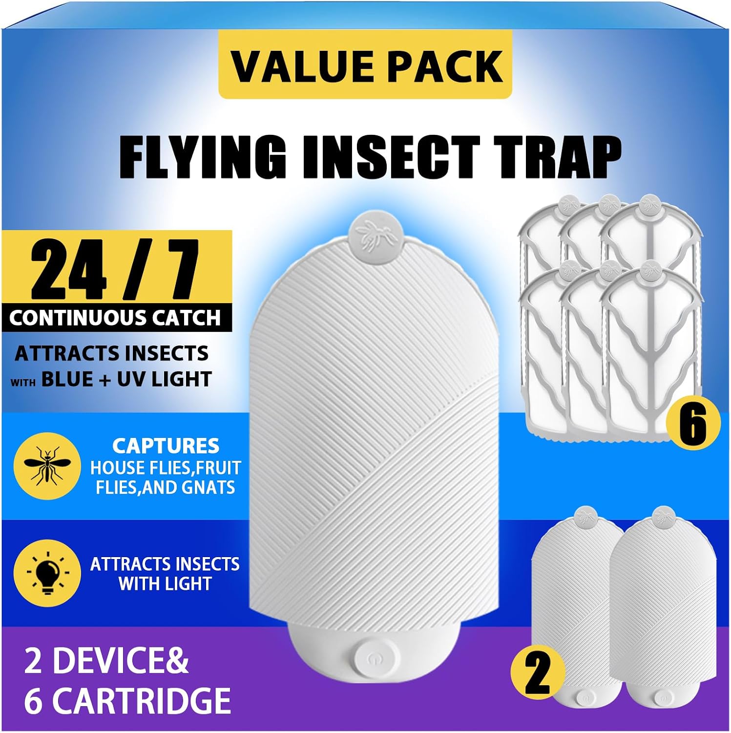 Indoor Flying Insect Trap Kit 2 Plug-in Bases + 6 Refill Cartridges
