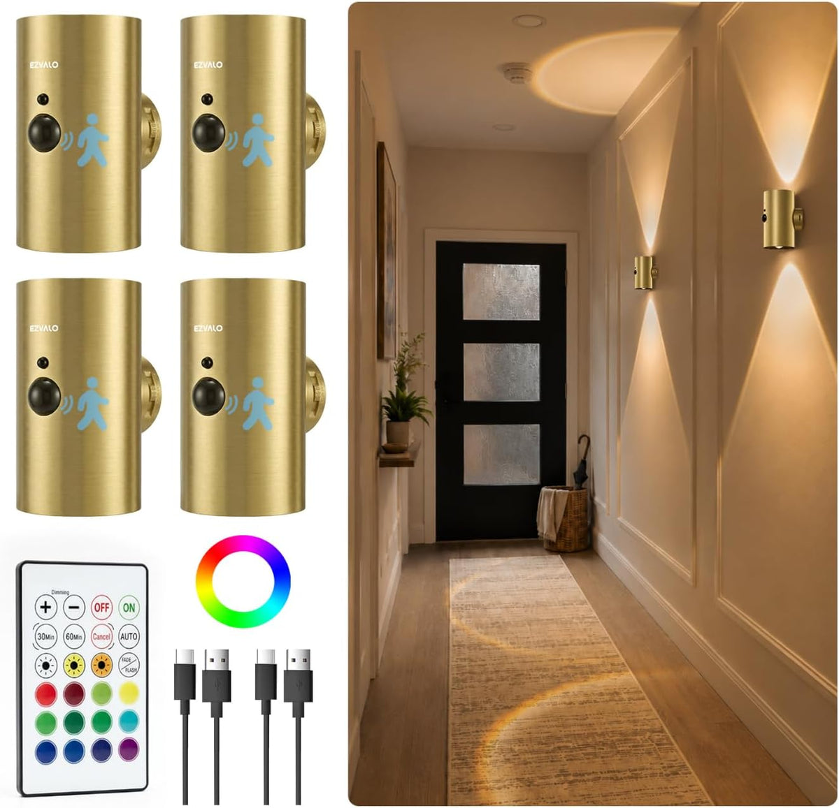 EZVALO Motion Sensor Wall Sconces, Gold Rechargeable Wall Decor