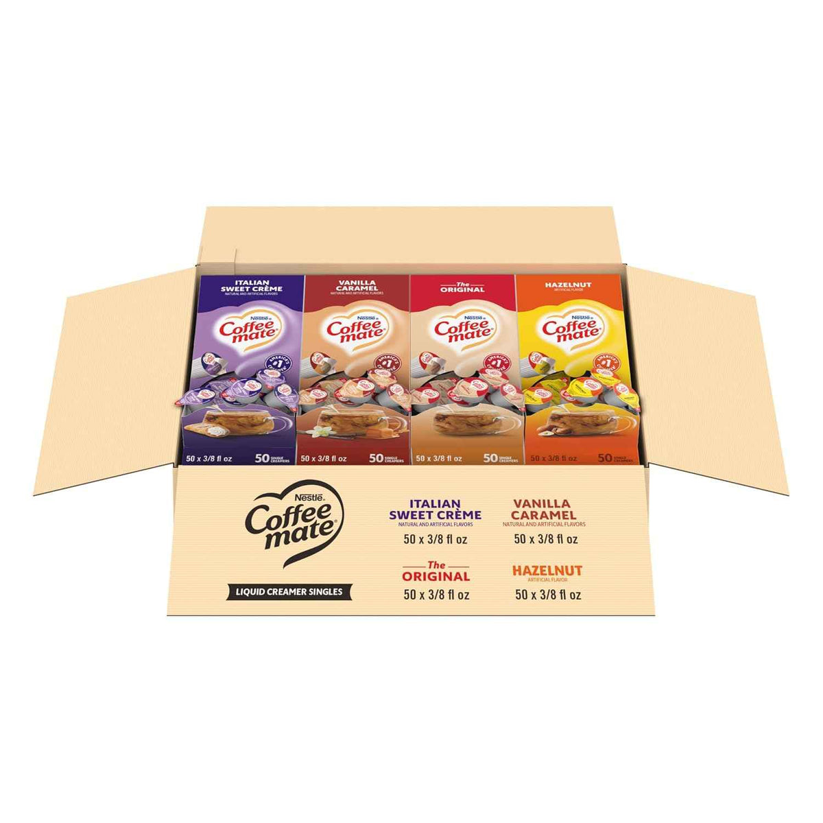 Nestle Coffee mate Non-Dairy Creamer Singles Variety Pack 0.375oz, 200-Pack | Liquid creamer, no refrigeration needed, creamer tubs, Original, Hazelnut, Italian Sweet Creme and Vanilla Caramel flavors