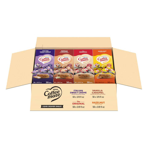 Nestle Coffee mate Non-Dairy Creamer Singles Variety Pack 0.375oz, 200-Pack | Liquid creamer, no refrigeration needed, creamer tubs, Original, Hazelnut, Italian Sweet Creme and Vanilla Caramel flavors