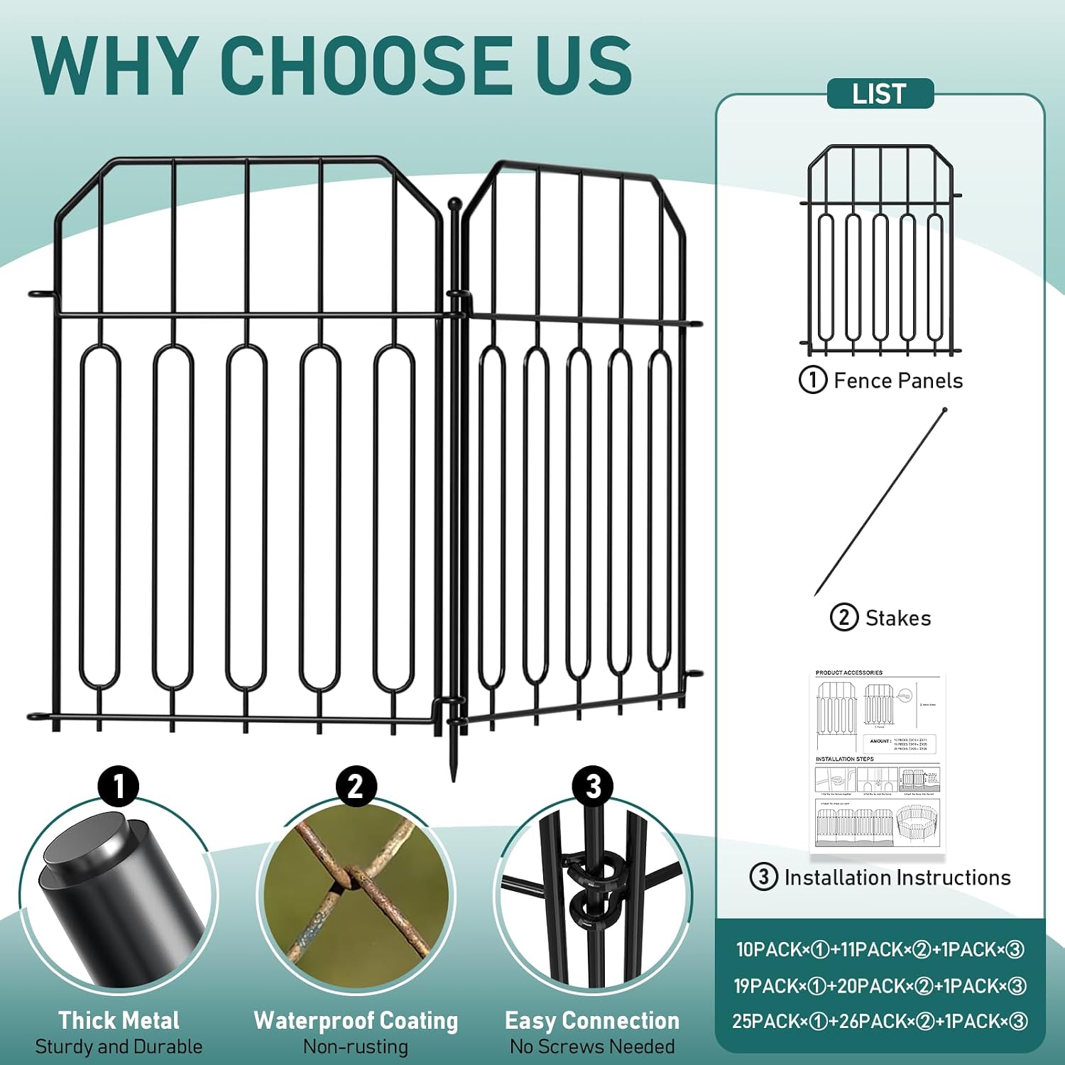 Goovilla Garden Fence, Total 10ft(L) x 21in(H), 10 Pcs, Rustproof Metal