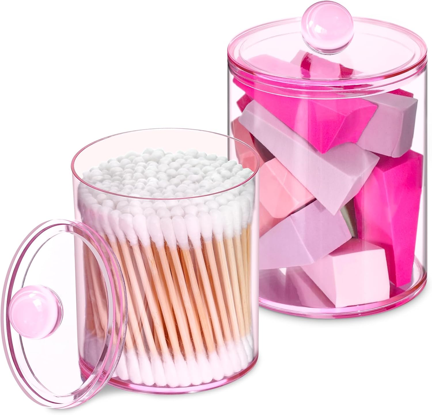 2 Pcs Acrylic Qtip Holder, Cotton Ball Holder Jars with Lids, Pink