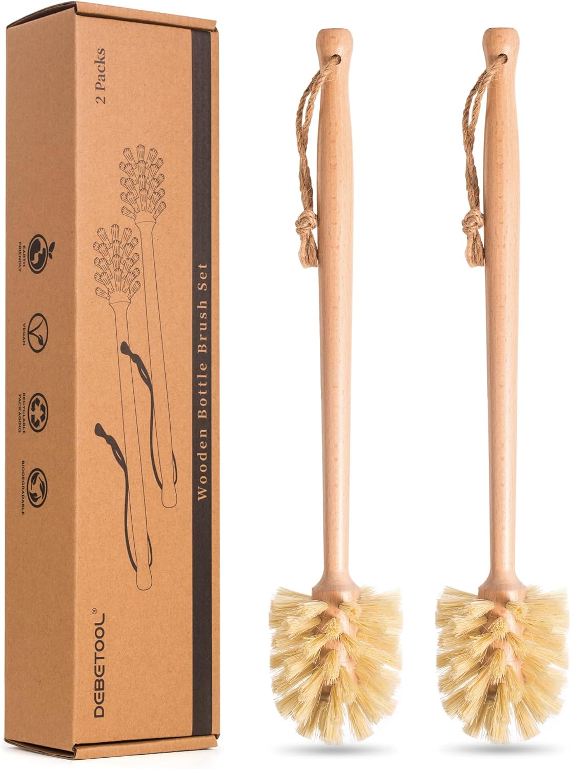 DEBETOOL 2-Pack Wooden Bottle Brush with Sisal Bristles