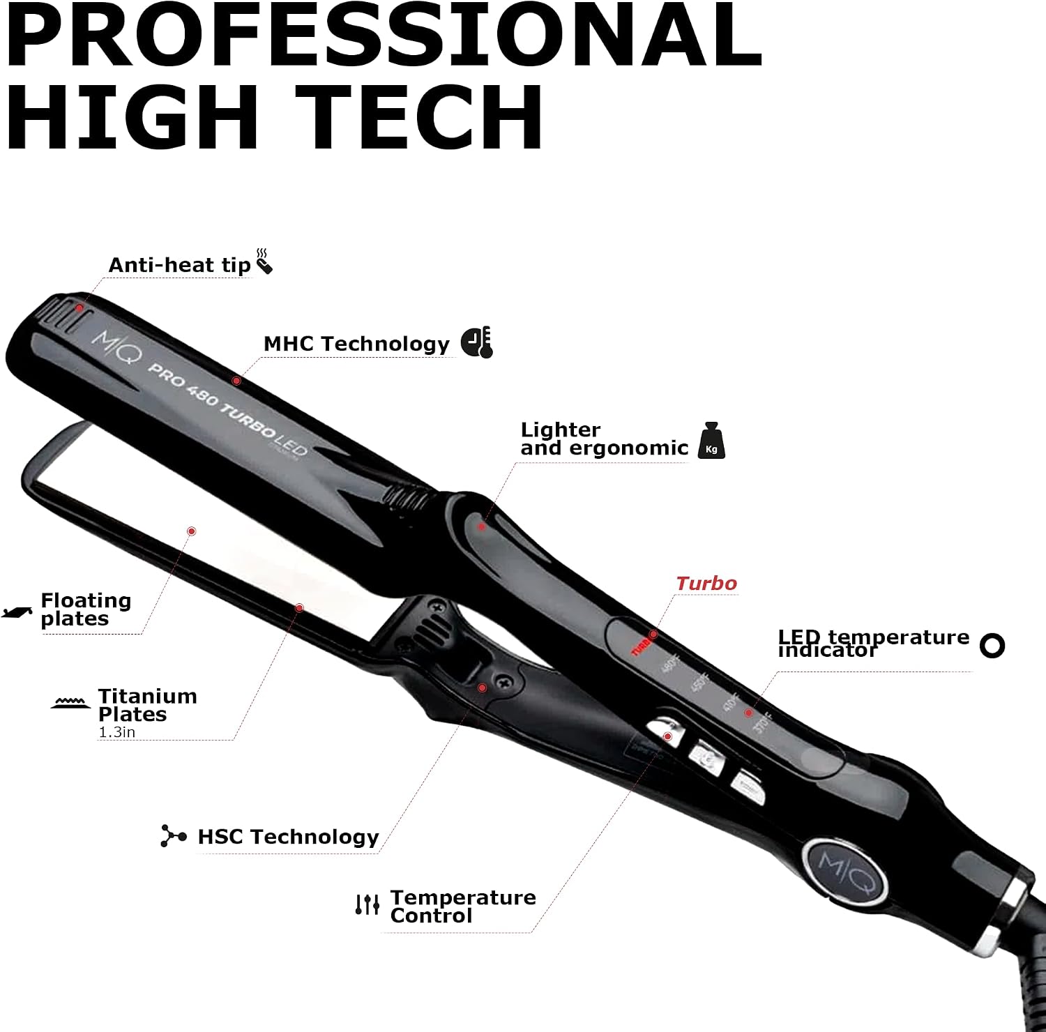 MQ Hair - Professional Titanium Flat Iron 480°F Turbo Bivolt Black