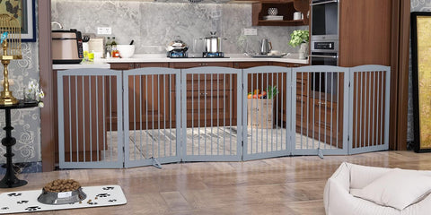 PUPETPO Freestanding Pet Gate for Dogs, Indoor Wooden Foldable Dog Gate for House, Extra Wide, Pet Fence for Stairs, Doorways, Halls, Support Feet Included, 120 Inch Wide, 6 Panels 32",Grey