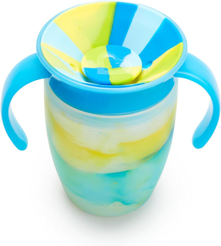 Munchkin Miracle 360 Sippy Cup for 6 Month Old, Spill Proof Baby and Toddler Cups with Transition Handles, 7 Ounce, Tropical Swirl, Blue/Green
