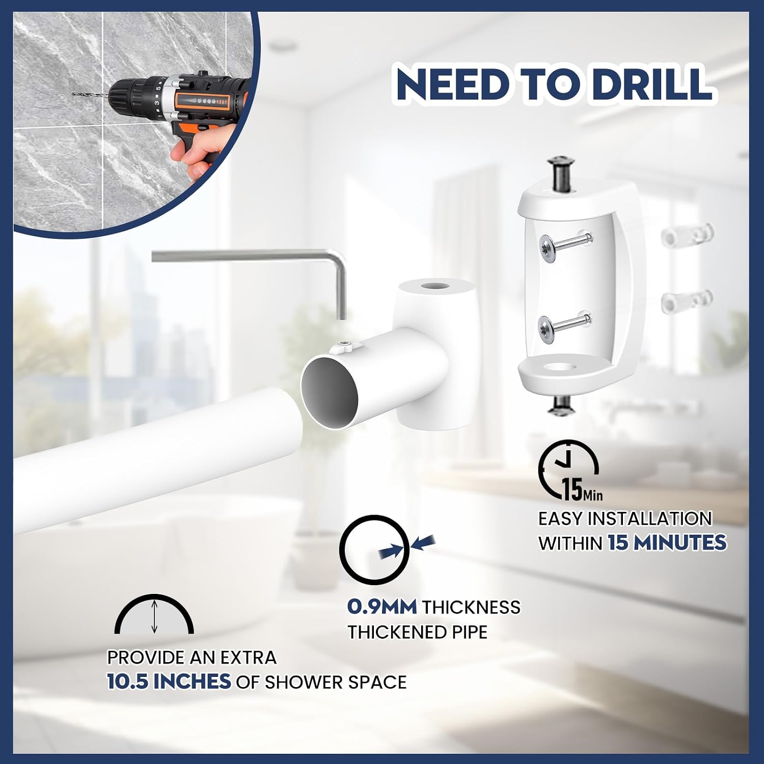 White Curved Shower Curtain Rod 33-78 Inches Adjustable Splicing Design Shower Rods Curved Round Bowed Rust proof, Premium Stainless Steel Need To Drill Shower Curtain Rod for Bathroom, Bathtub, Stall
