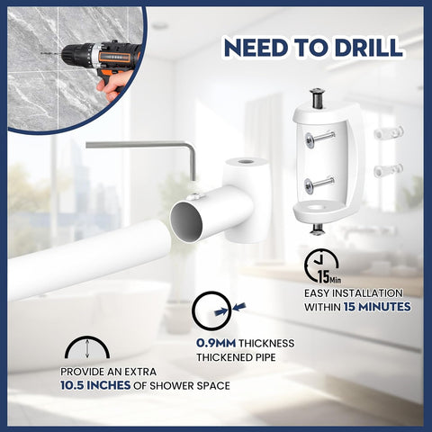 White Curved Shower Curtain Rod 33-78 Inches Adjustable Splicing Design Shower Rods Curved Round Bowed Rust proof, Premium Stainless Steel Need To Drill Shower Curtain Rod for Bathroom, Bathtub, Stall