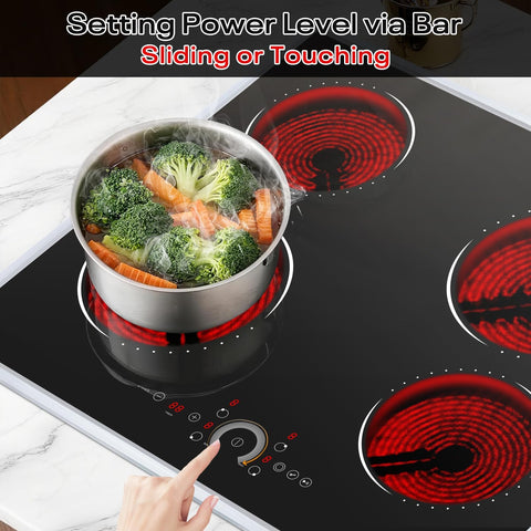 Hobsir 24 inch Electric Cooktop 6200W, 4 Burner Electric Stove Top, Built-in Circular Slide Ceramic Stove with Glass Metal Frame, Timer, Safety Lock, 220V-240V Burner Hard Wire (No Plug)