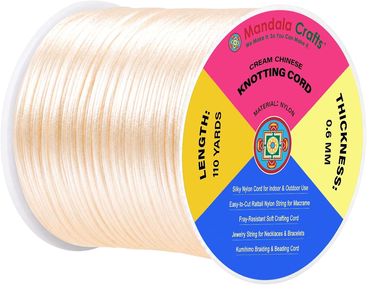 Mandala Crafts 2mm Rainbow Rattail Satin Cord for Macrame Chinese Knotting