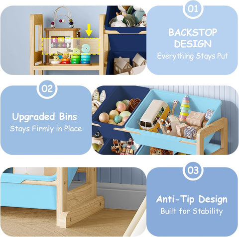 EXPERLAM Toy Storage Organizer, Toy Storage Shelf with 3 Shelves and 16 Storage Bins (12 Small + 4 Large), 3-in-1 Kids Bookshelf for Kids Rooms, Playroom, Nursery, Blue