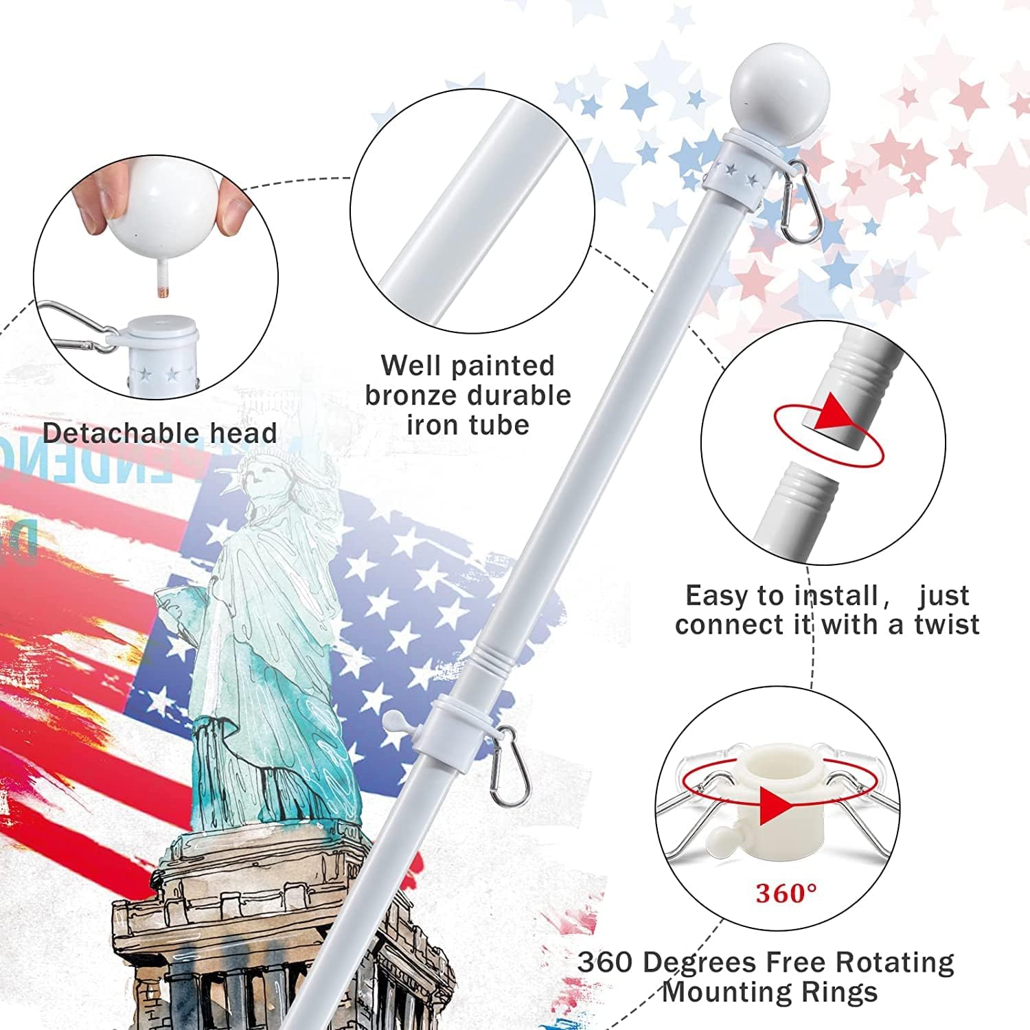 Flag Pole Holder for Outside House - 5ft Heavy Duty Stainless Steel House Flag Pole Kit, Tangle Free Spinning Flagpole For Outdoor Porch Residential Decoration - White