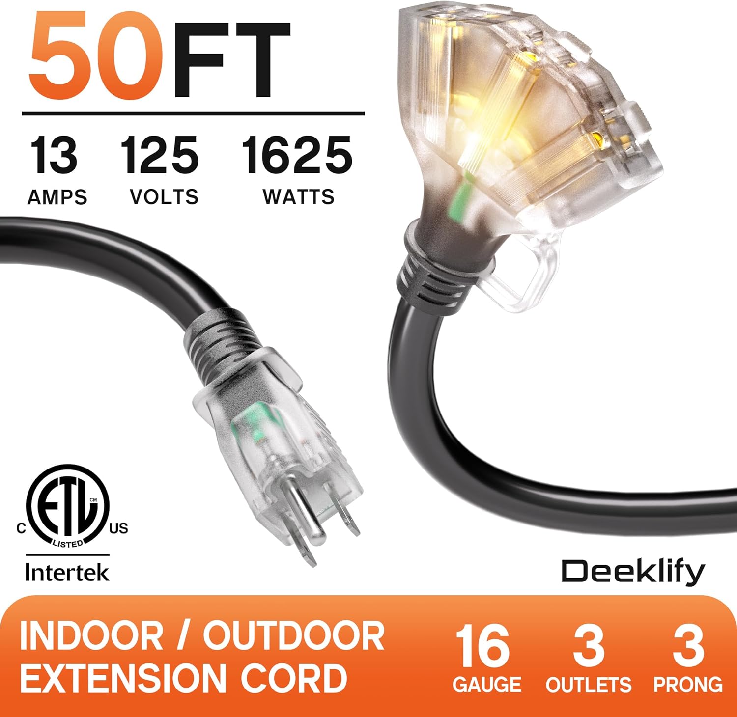 50FT 16 Gauge Black Outdoor Extension Cord with Multiple Outlets
