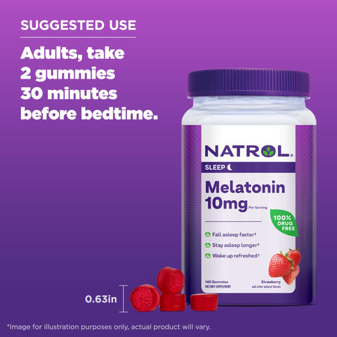 Natrol Melatonin Gummies, Sleep Support for Adults, 10 mg Melatonin Supplement for Sleeping, 140 Strawberry-Flavored Gummies, Up to a 70 Day Supply