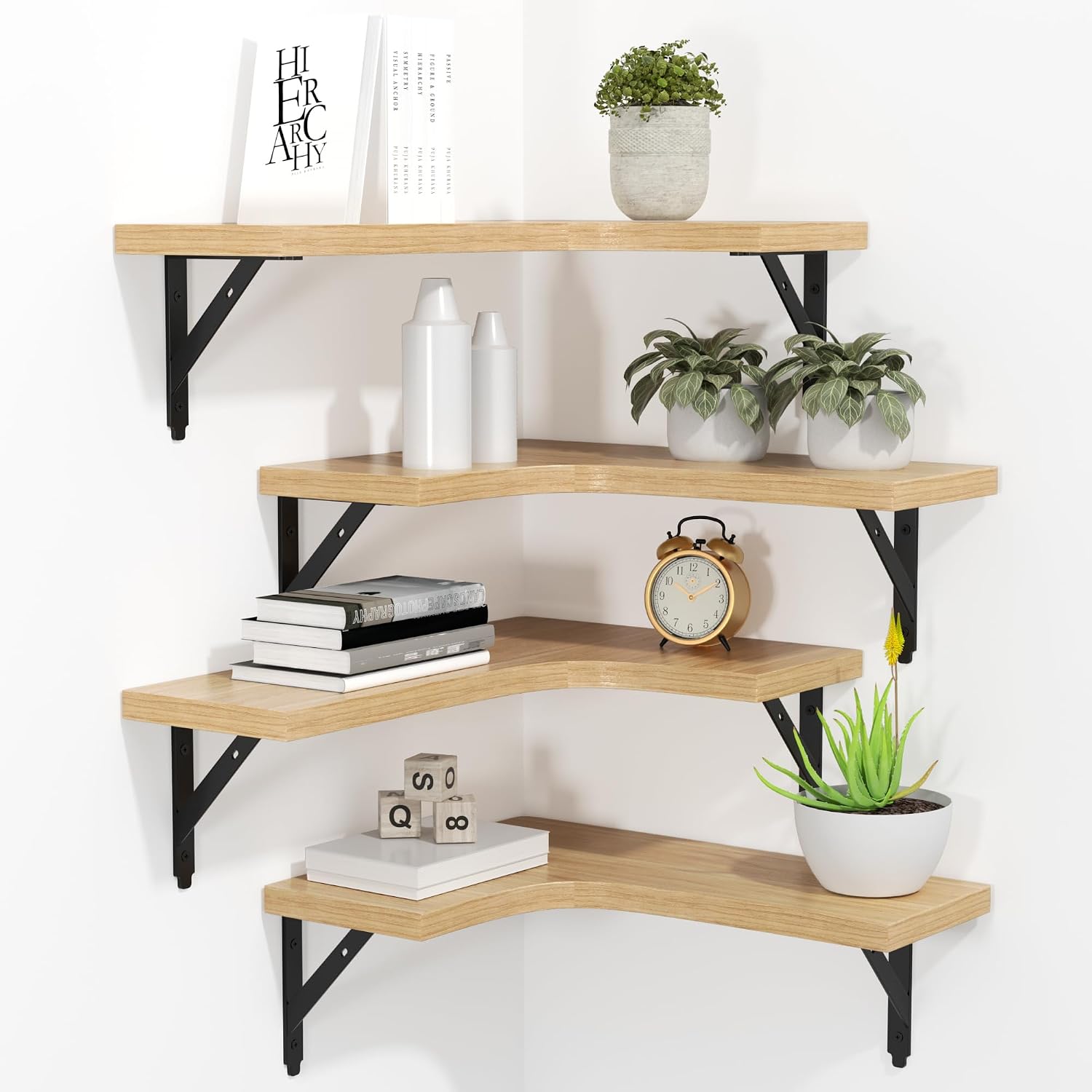ROMGUAR CRAFT Corner Floating Shelves Wall Mounted Set of 4, Natural