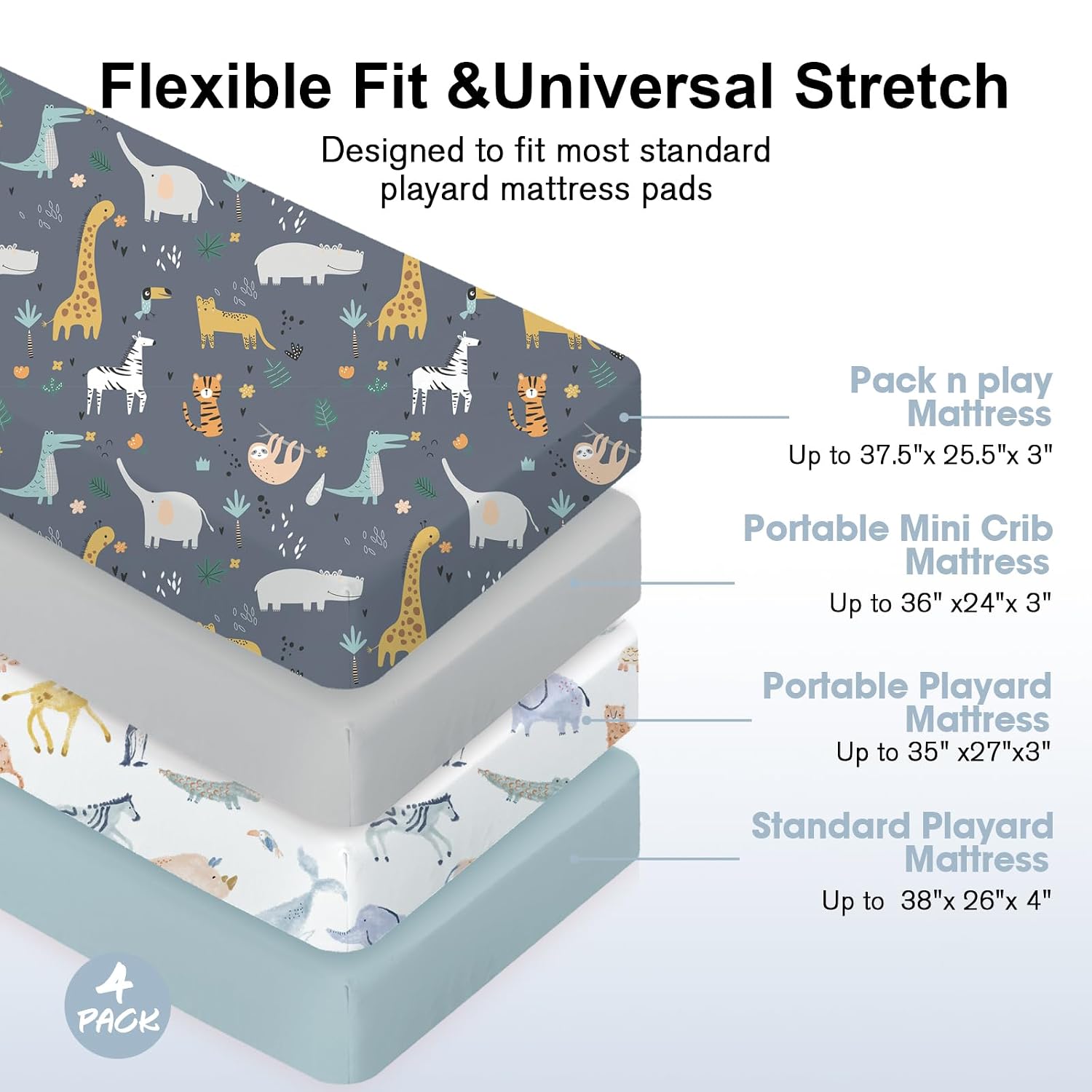 Plushii 4PK Mini Crib Sheets,Pack and Play Sheet for Baby Boys,Fauna