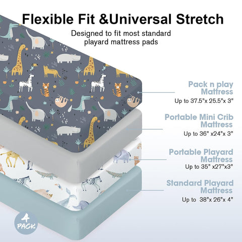 Plushii 4PK Mini Crib Sheets,Pack and Play Sheet for Baby Boys,Fauna