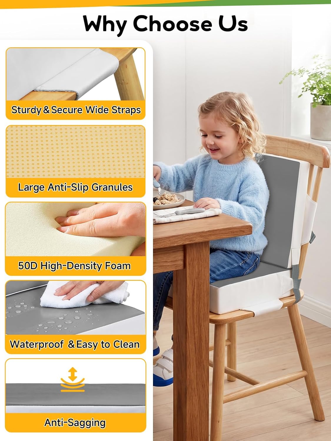 Booster Seat for Kitchen Chair - Toddler Booster Seat for Dining Table - PU Washable Double-Safety Straps with Buckle, Kids Portable Outdoor Booster Seat (Grey)