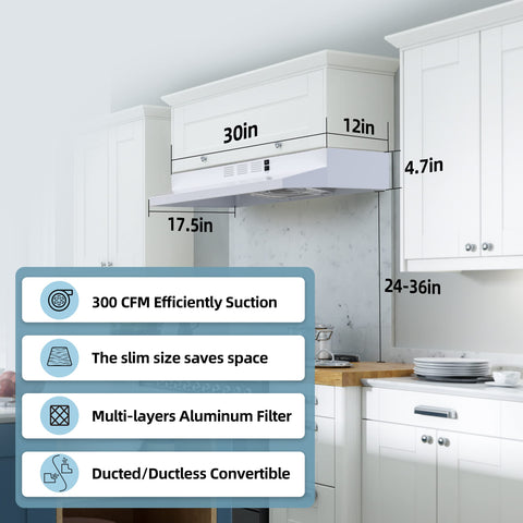 FIREGAS Range Hood 30 inch Under Cabinet Range Hood with 2 Speed Exhaust Fan,Ducted/Ductless Convertible,Rocker Button Control,300 CFM, White Vent Hood Aluminum Filter Included