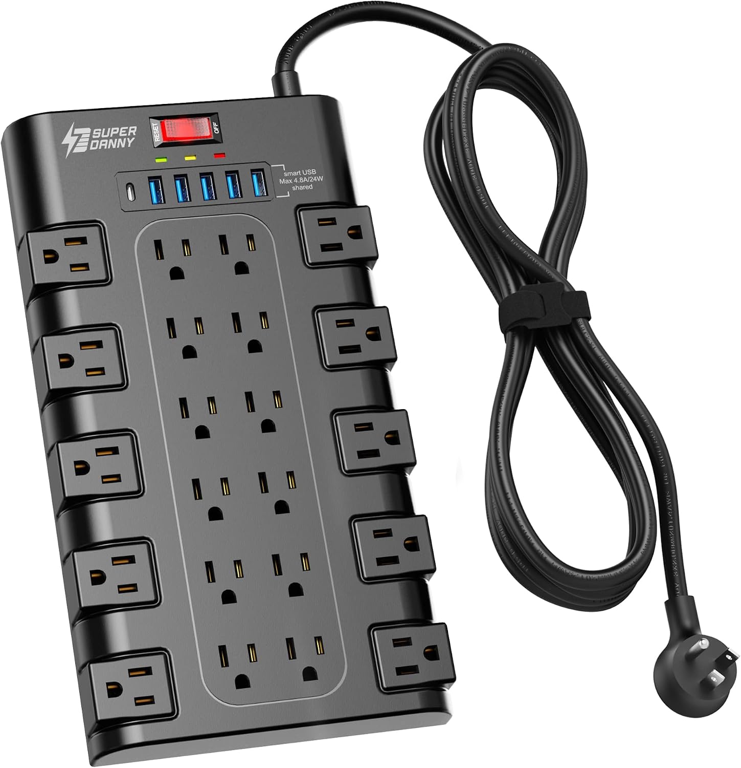 SUPERDANNY Power Strip Surge Protector, 22 AC 6 USB, 2100J, 8Ft, 1875W/15A