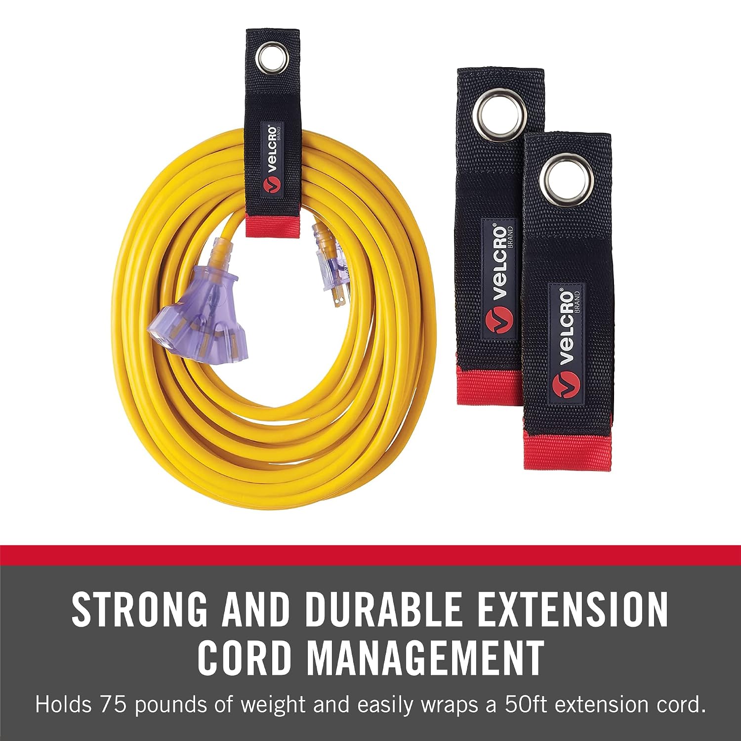VELCRO Brand EASY HANG Extension Cord Organizer – Declutter Fast, Hang Smarter – Valentines Day Gift for Him – Heavy Duty 75 lb Hold, 2 Pack, Medium 14 in, Black Straps Fit 25–50 ft cords