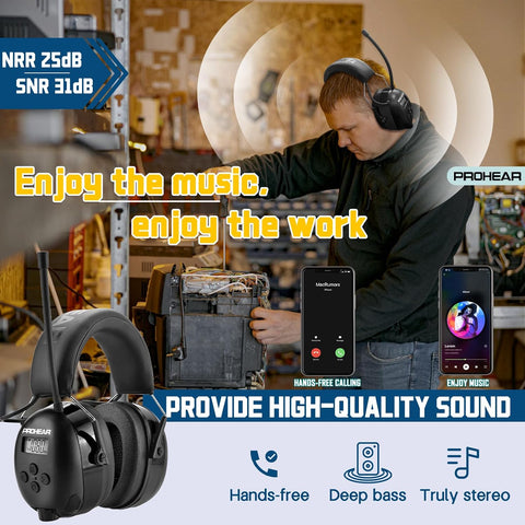 PROHEAR 033 AM FM Bluetooth 5.4 Radio Headphones - USB C Rechargeable 1500mAh Battery - Radio Headset Hearing Protection 31dB SNR - 58Hrs Playtime - Ear Protector for Mowing Lawn, Gifts for Father
