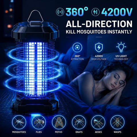 Bug Zapper Outdoor, 4200V Electric Mosquito Zapper Indoor, Insect Fly Zapper Waterproof with 5ft Power Cord, Mosquito Killer for Home, Patio, Kitchen, Backyard, Camping, Plug-in