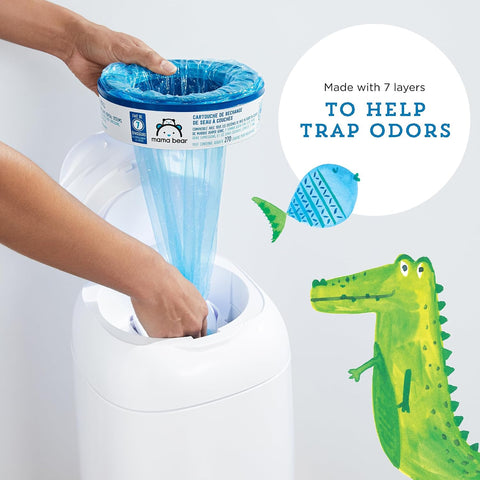 Amazon Brand-Mama Bear Round Diaper Pail Refills for Diaper Genie Pails, Odor Control, Unscented, 1080 Count (4 Packs of 270 Count), Compatible with Diaper Genie Complete, Elite and Expressions Pails