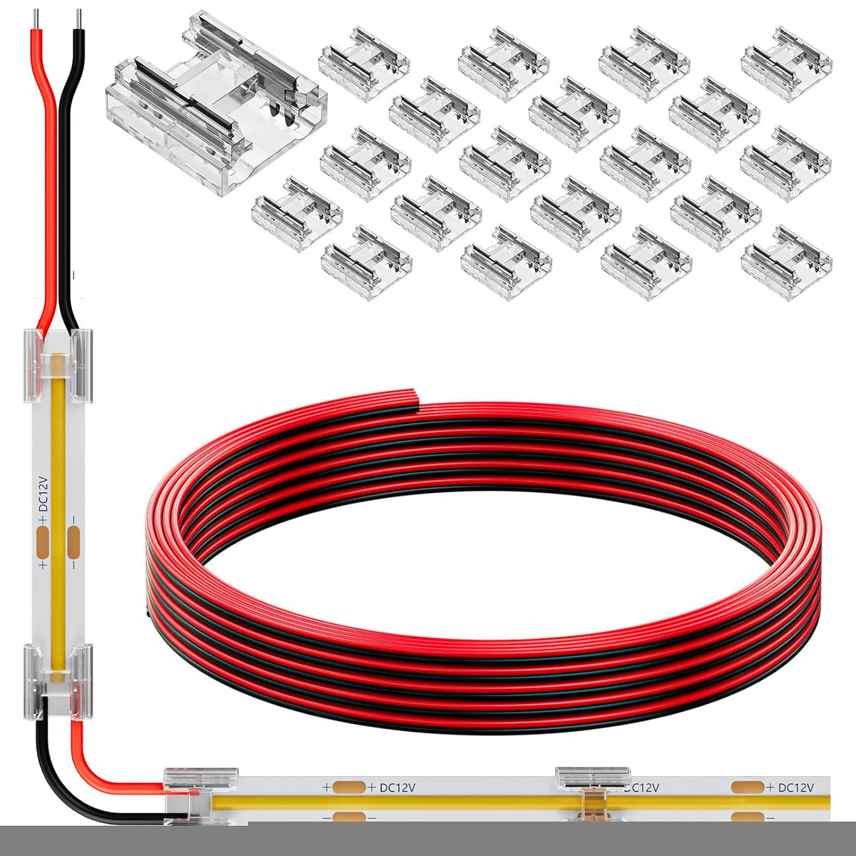 20 Pack COB 0.31in(8mm) 2 pin Transparent Connector, 6.6FT(200cm) Long 20AWG Extension Wires for Non-Wired Gapless Solderless