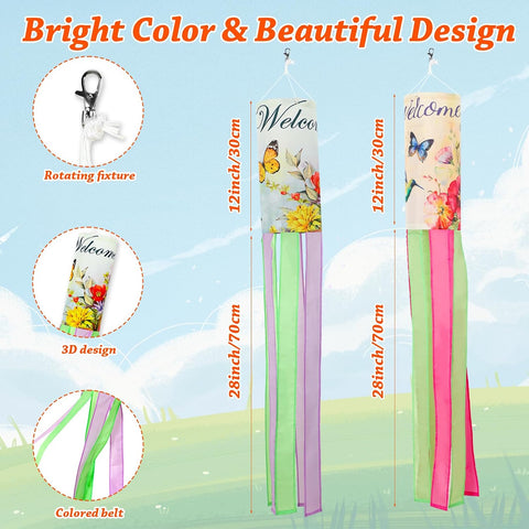 NOVWANG Spring Windsock, 2 Pcs 40 Inches Wind Socks for Outside, Hummingbird Butterfly Windsock Outdoor Decor Windsock Flag Hanging Decor for Wall Tree Patio Lawn Gard