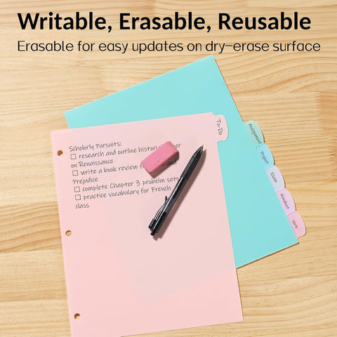 Sooez 8 Tabs Plastic Write & Erase Binder Dividers with Tabs, 2 Sets