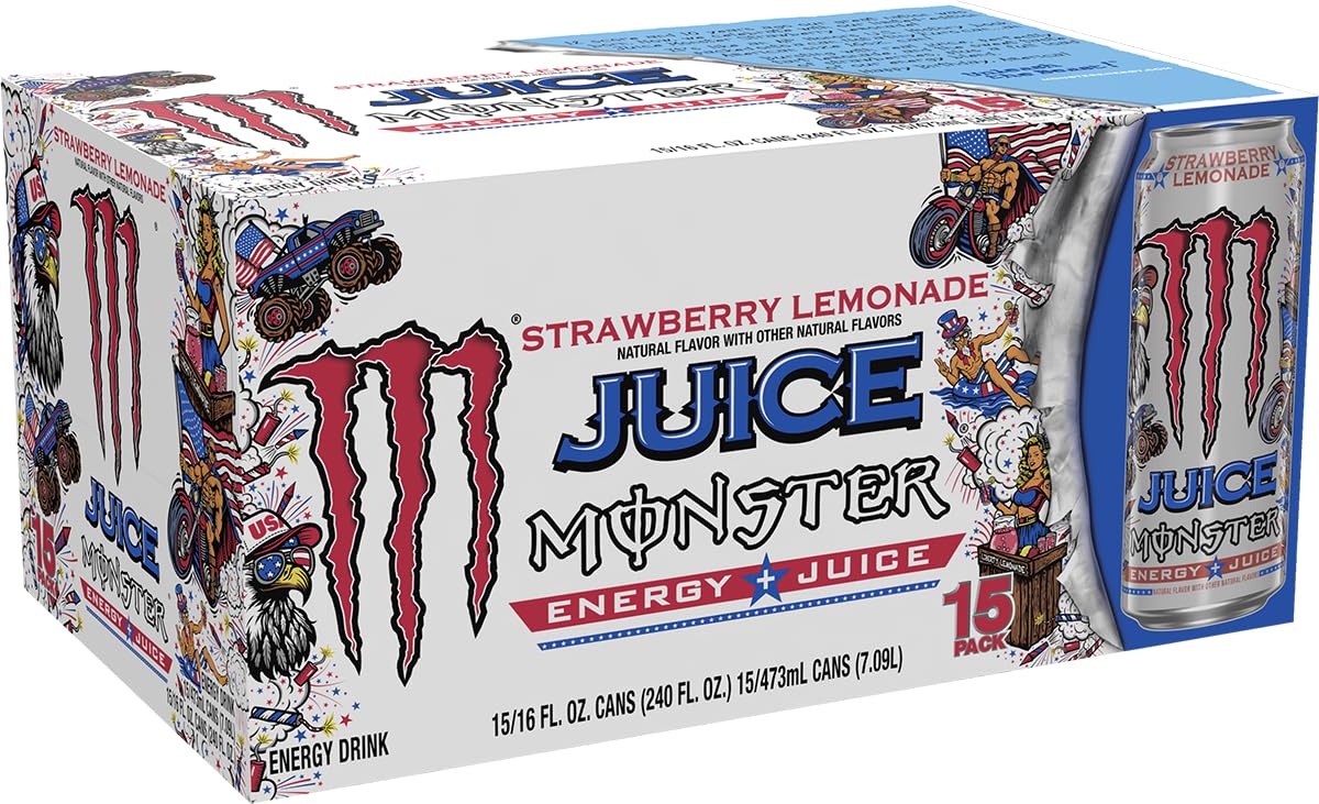 Monster Energy Juice Strawberry Lemonade, Energy + Juice, Energy Drink, 16 Ounce (Pack of 15)