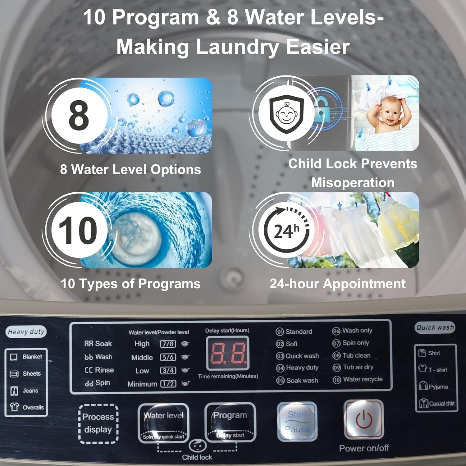 Anukis Fully Automatic Washing Machine, 13 lbs Capacity Top Load Washer with Drain Pump, 10 Wash Programs & 8 Water Levels, Household Laundry Washer, White and Gray