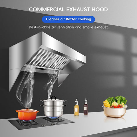 Commercial Exhaust Hood, 9FT Food Truck Hood Exhaust, 403 Stainless Steel Concession Trailer Hood with Baffle Grease Filters, Rust Resistant Vent Hood for Kitchen Restaurant