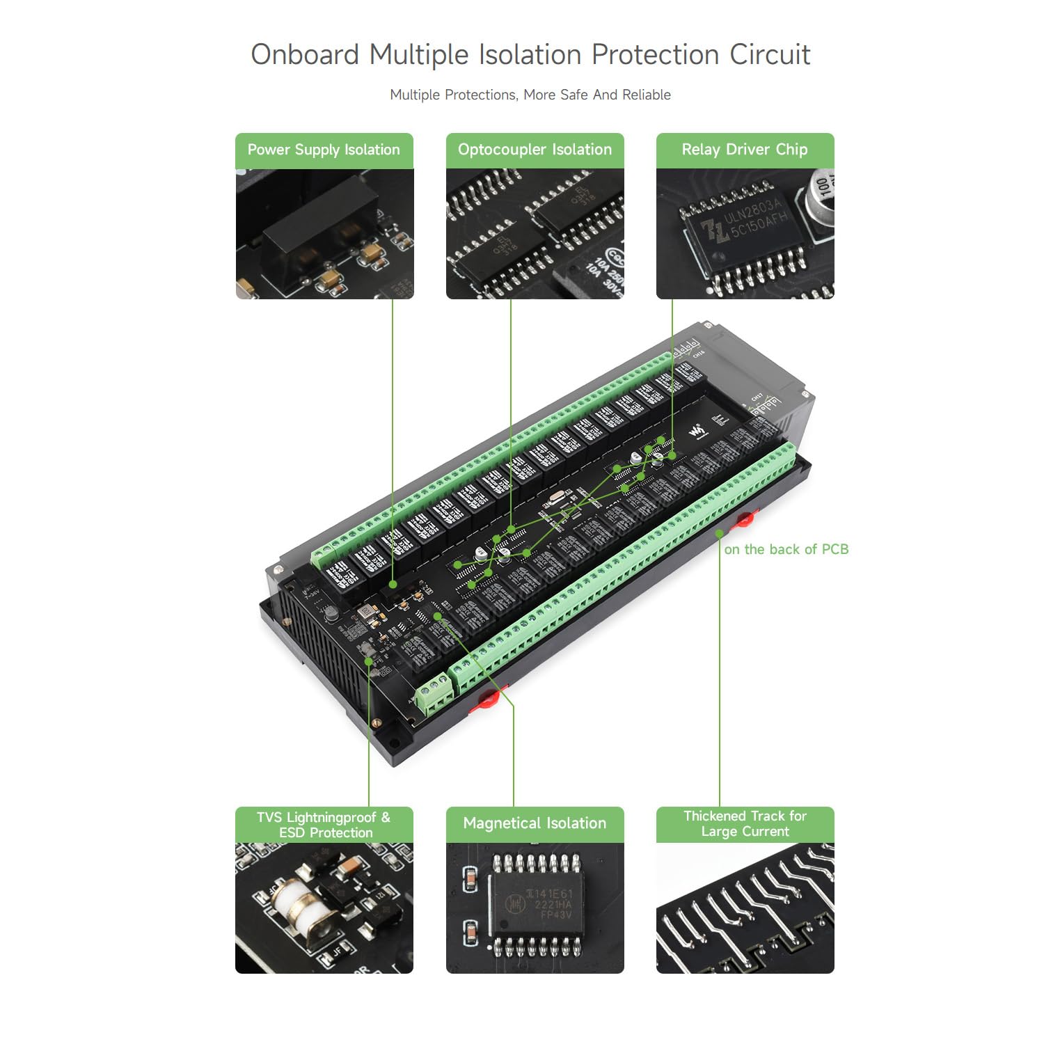 Waveshare Modbus RTU 32-Ch Relay Module, RS485 Interface, with Multiple Isolation Protection Circuits, Industrial-Grade, Rail-Mount Case