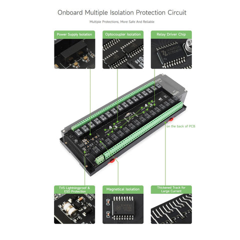 Waveshare Modbus RTU 32-Ch Relay Module, RS485 Interface, with Multiple Isolation Protection Circuits, Industrial-Grade, Rail-Mount Case